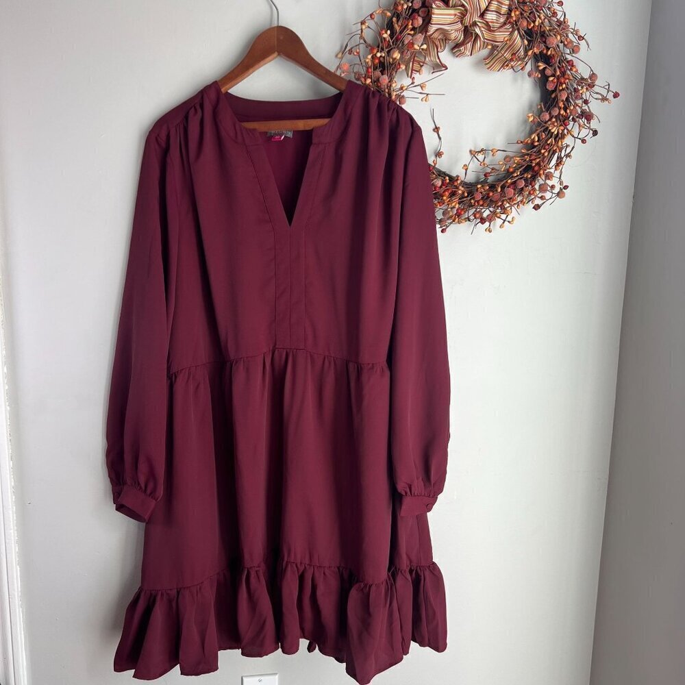 Vince Camuto Women's XXS Solid Long Sleeve Split Neck Tiered Baby Doll Dress